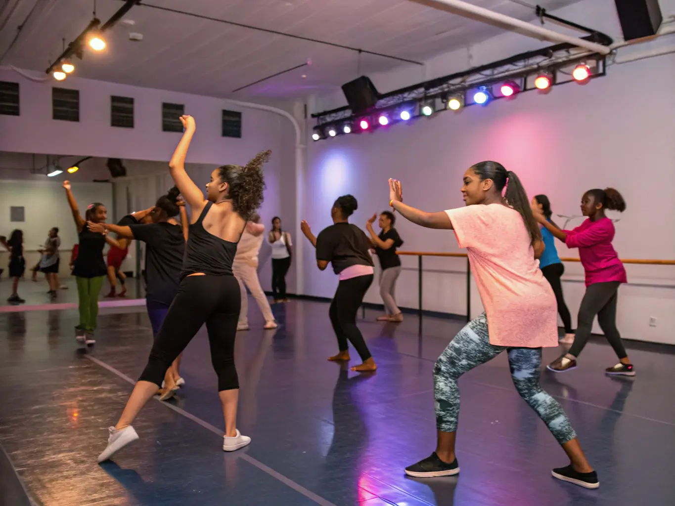 A photo of participants actively involved in a performing arts training session, led by experienced instructors, in a well-equipped studio.