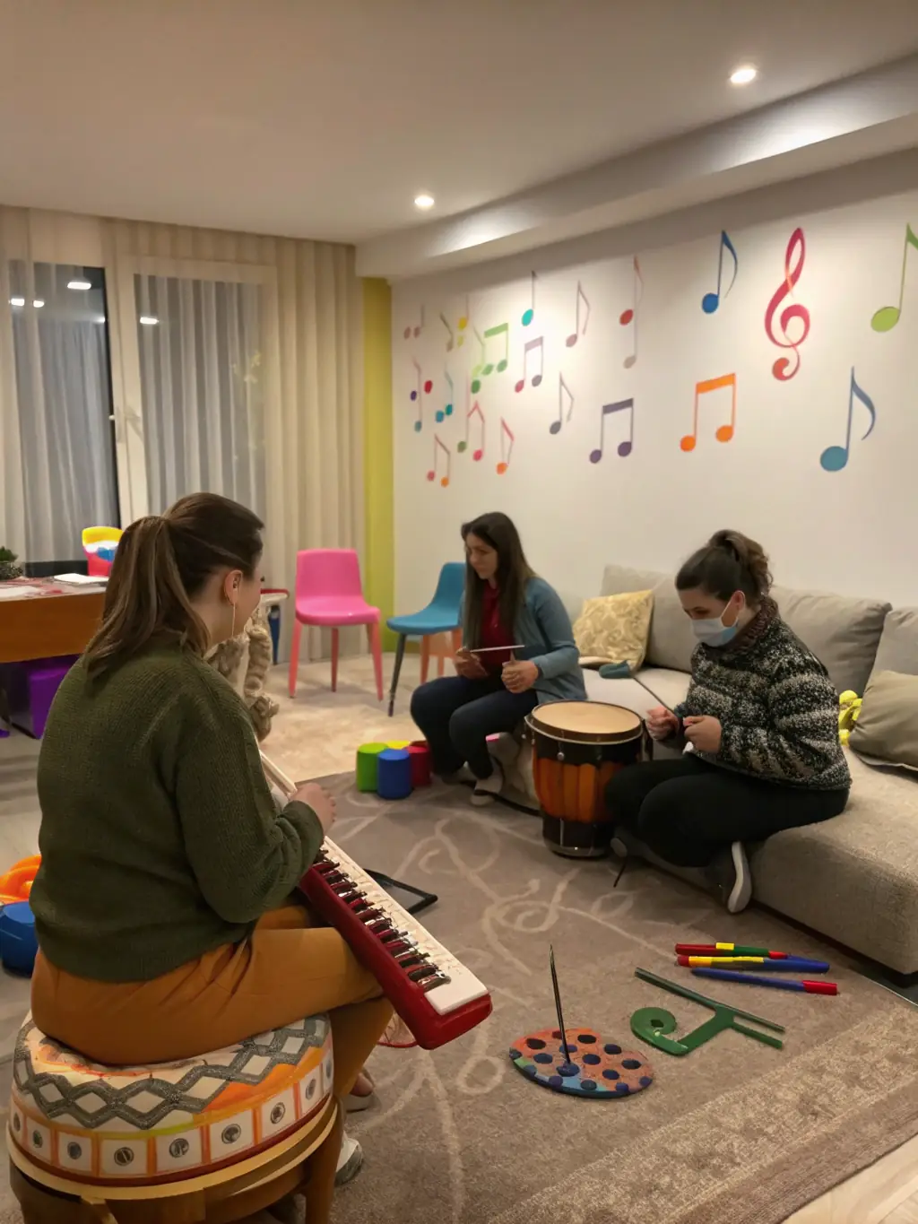 A RESONANCES PLURIELLES volunteer musician leading a music therapy session for elderly residents at a local nursing home, with residents smiling and engaging with the music.