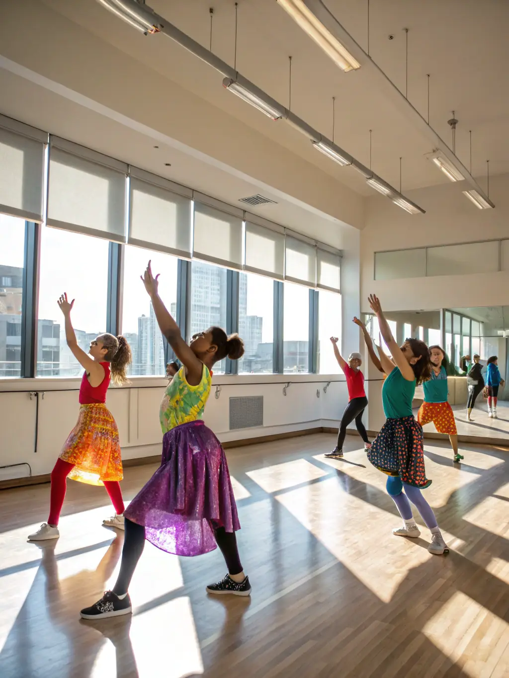 A photo of a training session in performing arts, showing instructors guiding participants through various techniques and exercises.