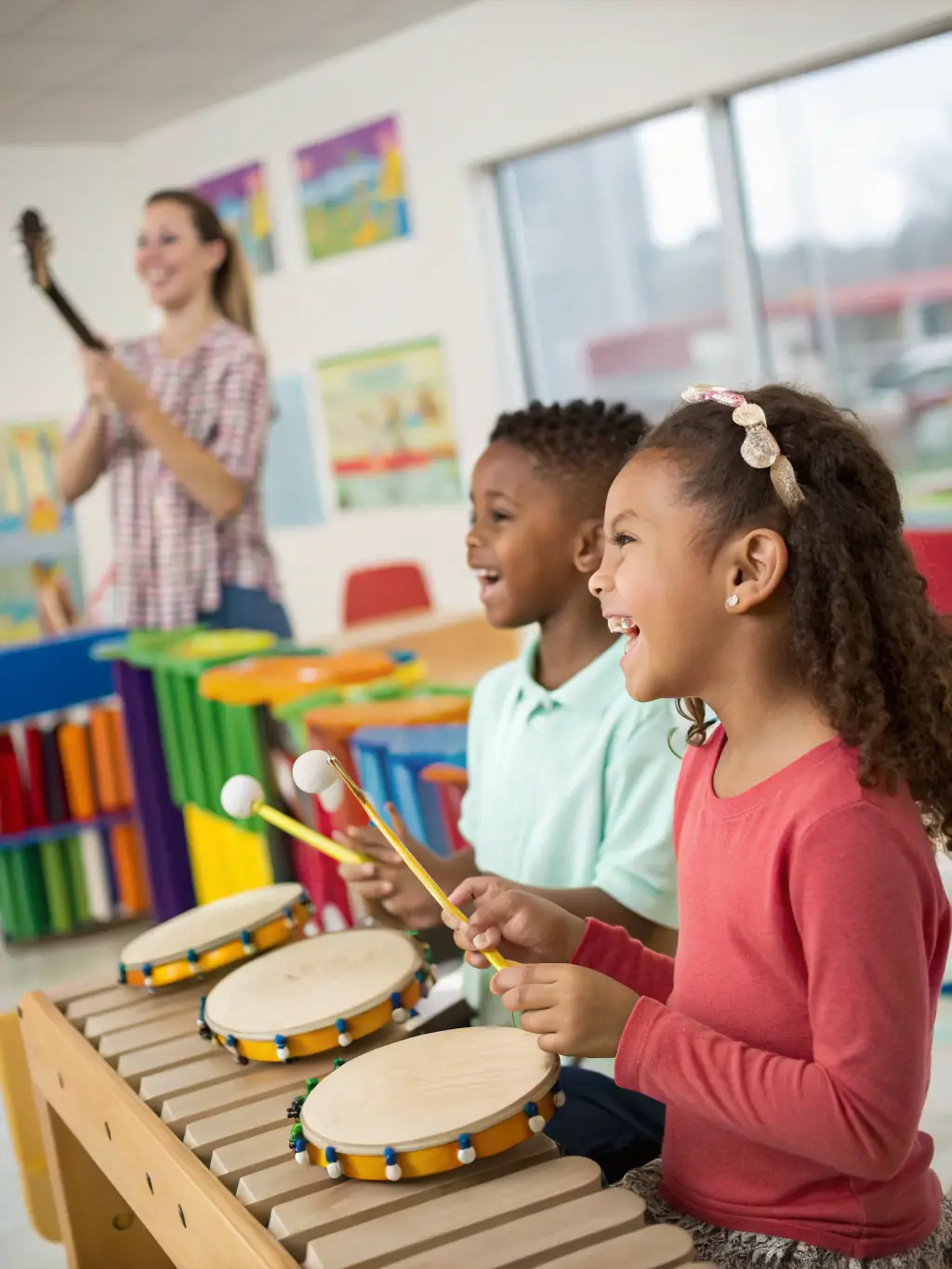 A photograph capturing a diverse group of children joyfully participating in a music workshop, playing various instruments and singing together, set in a community center.