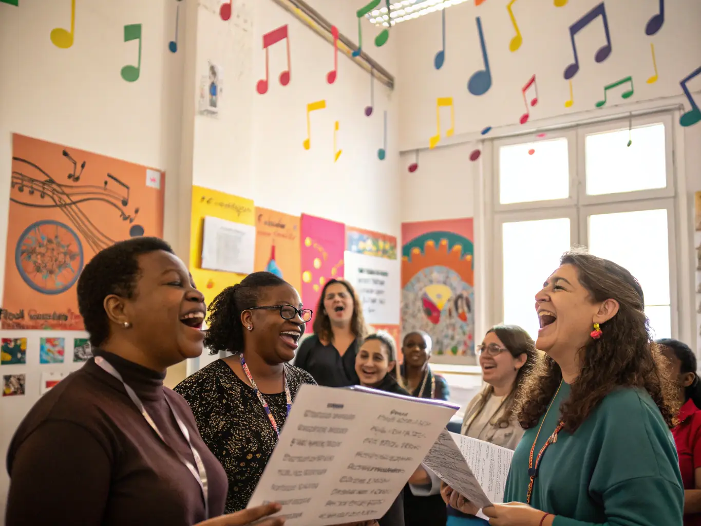A vibrant image of a community music workshop in session, showing participants of various ages and backgrounds collaborating on a musical piece, with instructors guiding them.