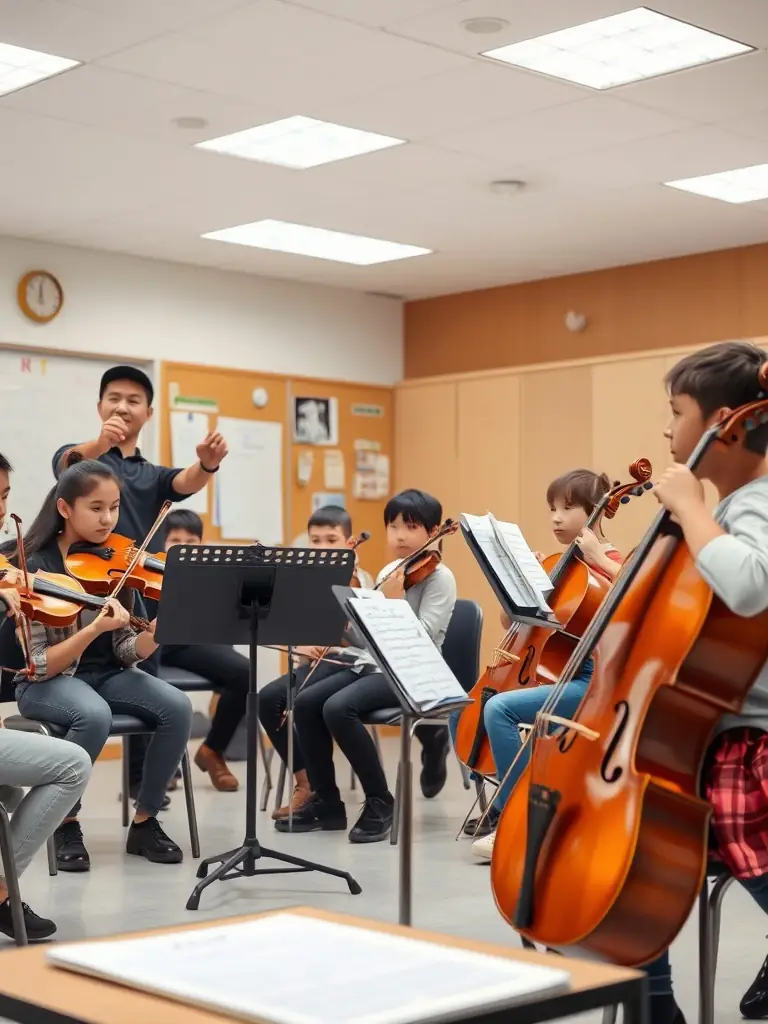 A photo of professional musicians mentoring young aspiring artists during a workshop, highlighting the transfer of knowledge and skills.