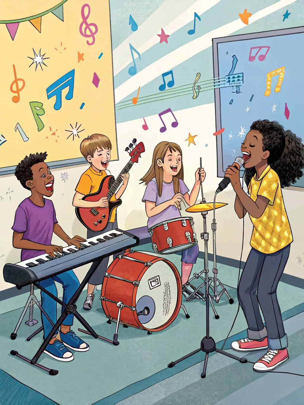 A diverse group of children joyfully participating in a RESONANCES PLURIELLES music workshop, playing various instruments and singing together, set against a backdrop of colorful artwork created during the session.