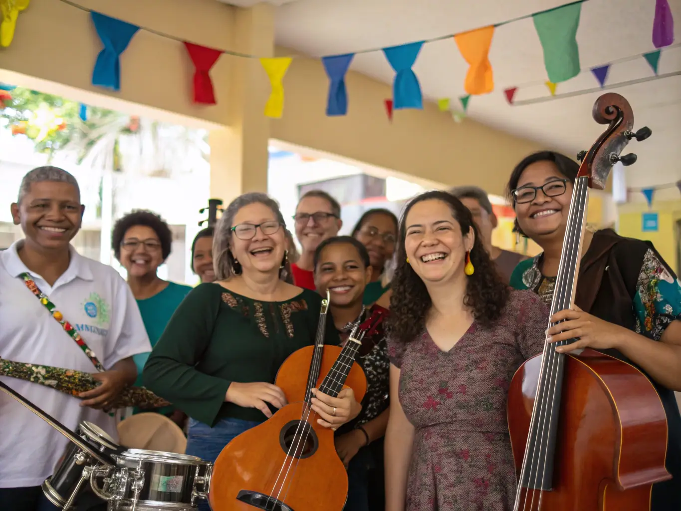 A group of diverse individuals participating in a RESONANCES PLURIELLES music workshop, playing various instruments and smiling, set in a vibrant community center.