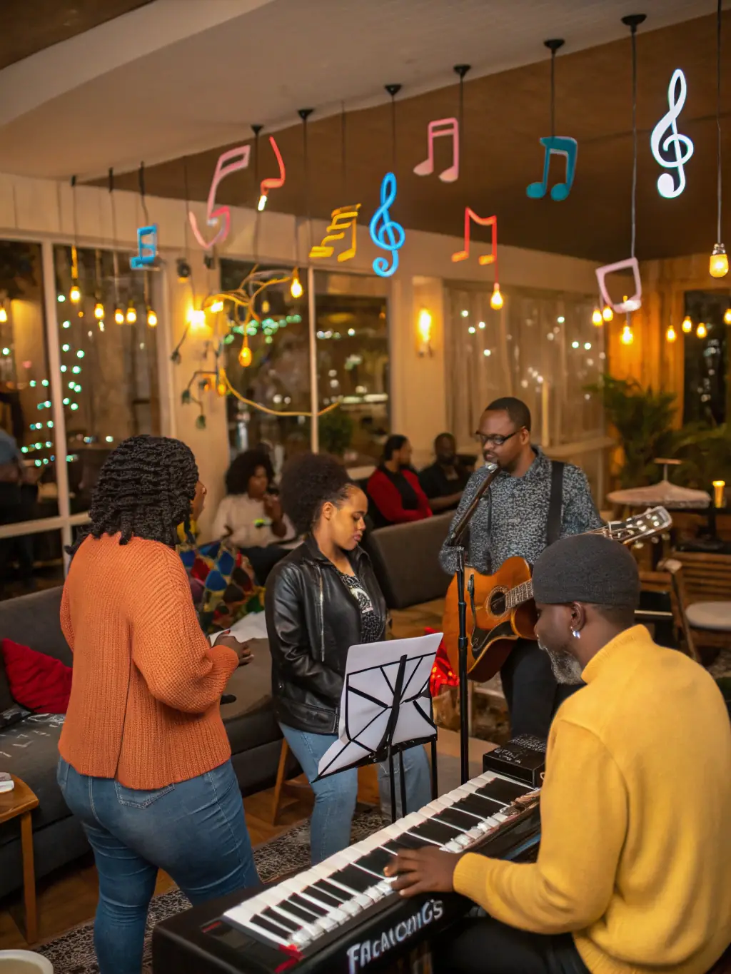 A picture of a RESONANCES PLURIELLES event, showing a diverse audience enjoying a live musical performance in a community setting.