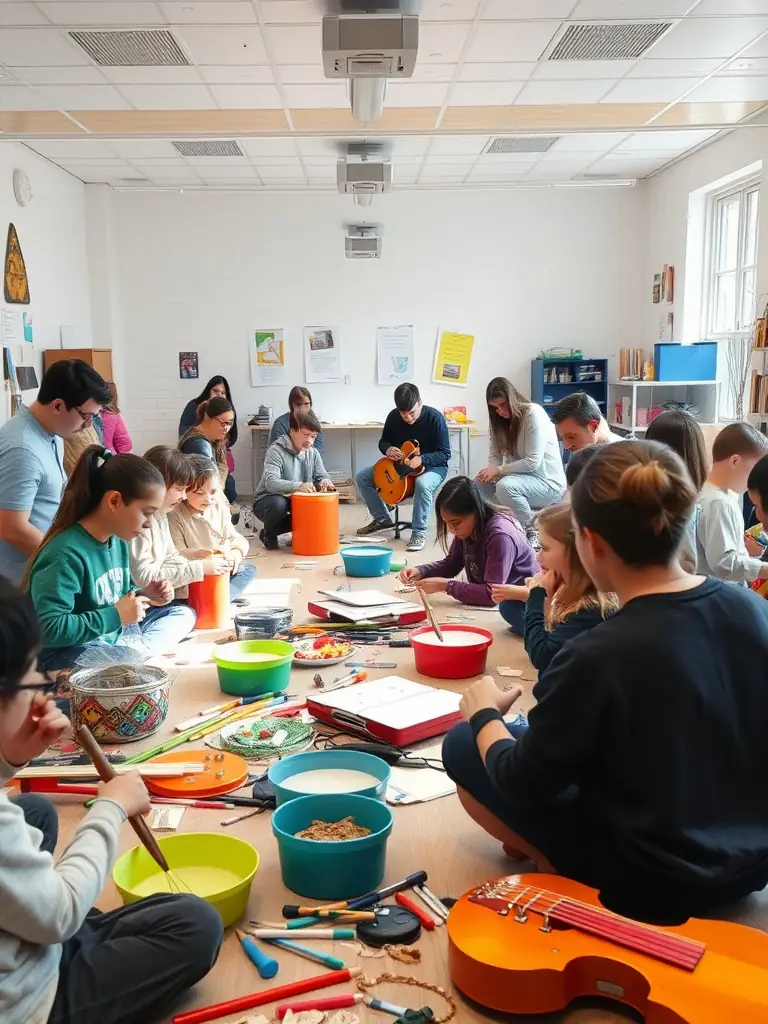 A photograph capturing a diverse group of participants actively engaged in a community music workshop, showcasing various instruments and joyful expressions.