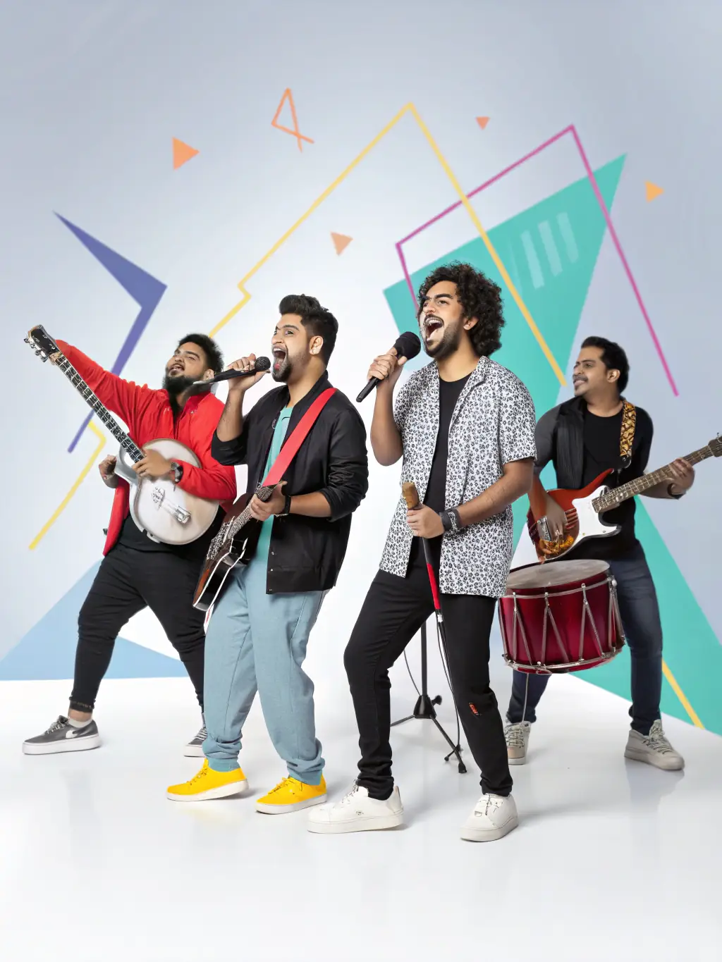 A photo of musicians from different cultural backgrounds collaborating on a musical piece, showcasing cultural exchange and artistic innovation.